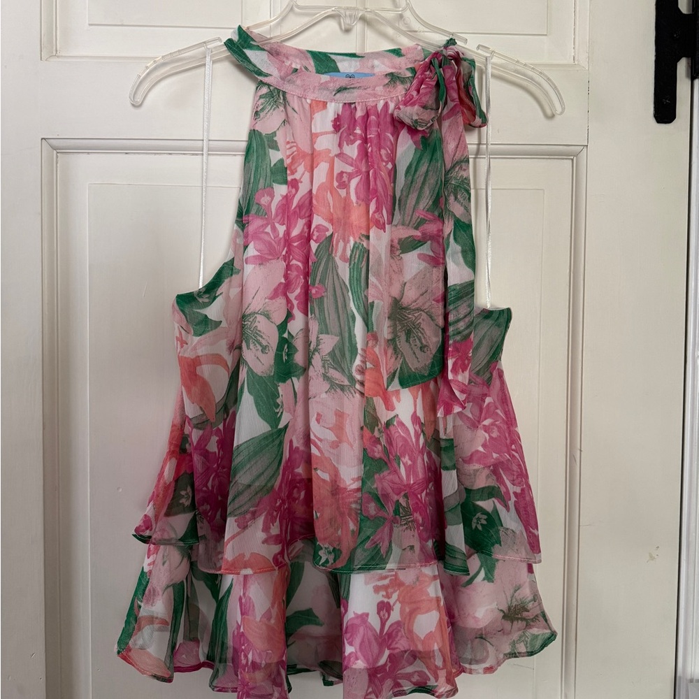 CeCe High Neck Floral Sleeveless Top with Ruffle Hem